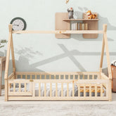 Bellemave® Twin Size Tent - shaped Floor Bed with Guardrails,Slats and Door - Bellemave